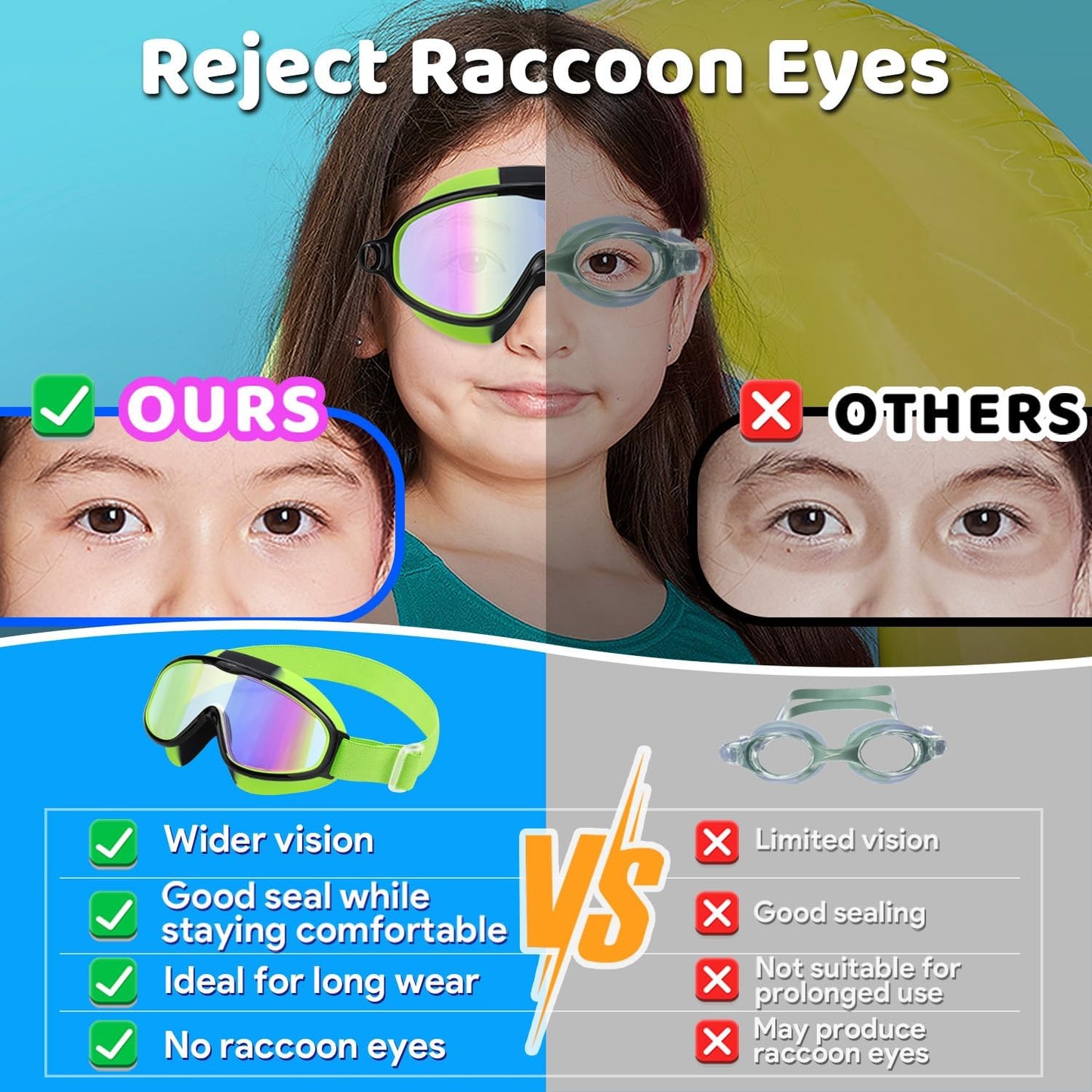 Vvinca Kids Swim Goggles 2 Pack, No Hair Pulling Comfort Fabric Strap Swimming Goggles for Kids Age 3-14, Anti-Fog/UV No Leaking Wide View Swim Mask for Toddler Boys Girls, Summer Pool Essentials