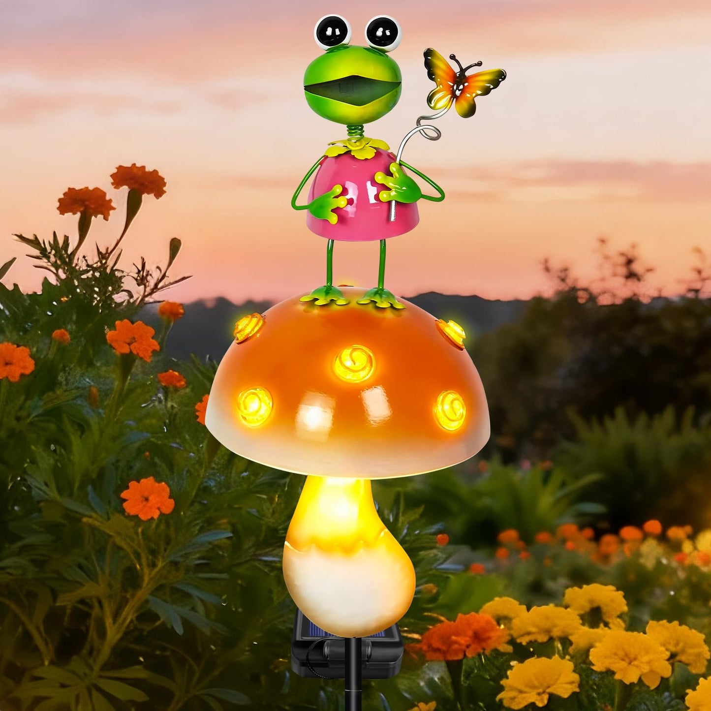 ostritec Solar Garden Lights Outdoor Decor, 36.2" Cute Frog Mushroom Garden Stake Light with Warm LED Glow, Waterproof Metal Yard Ornament for Patio, Lawn, Flower Bed, Gardening Gifts for Mom Grandma