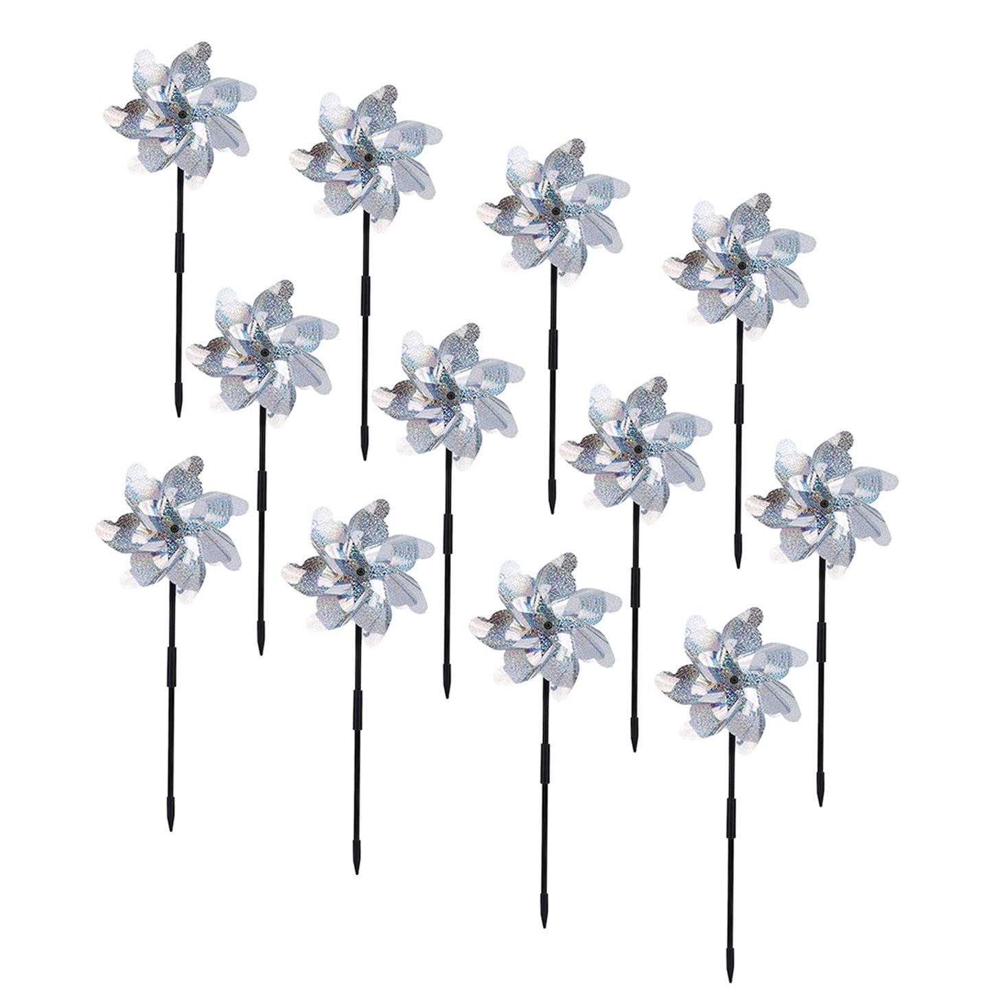 BATTIFE Reflective Pinwheels for Yard and Garden, Pre-Installed Sparkly Blind Birds Pin Wheel, Scare Birds & Animal Away Wind Spinner, 12 Pack (Silver)