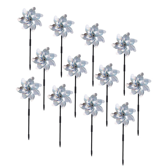 BATTIFE Reflective Pinwheels for Yard and Garden, Pre-Installed Sparkly Blind Birds Pin Wheel, Scare Birds & Animal Away Wind Spinner, 12 Pack (Silver)