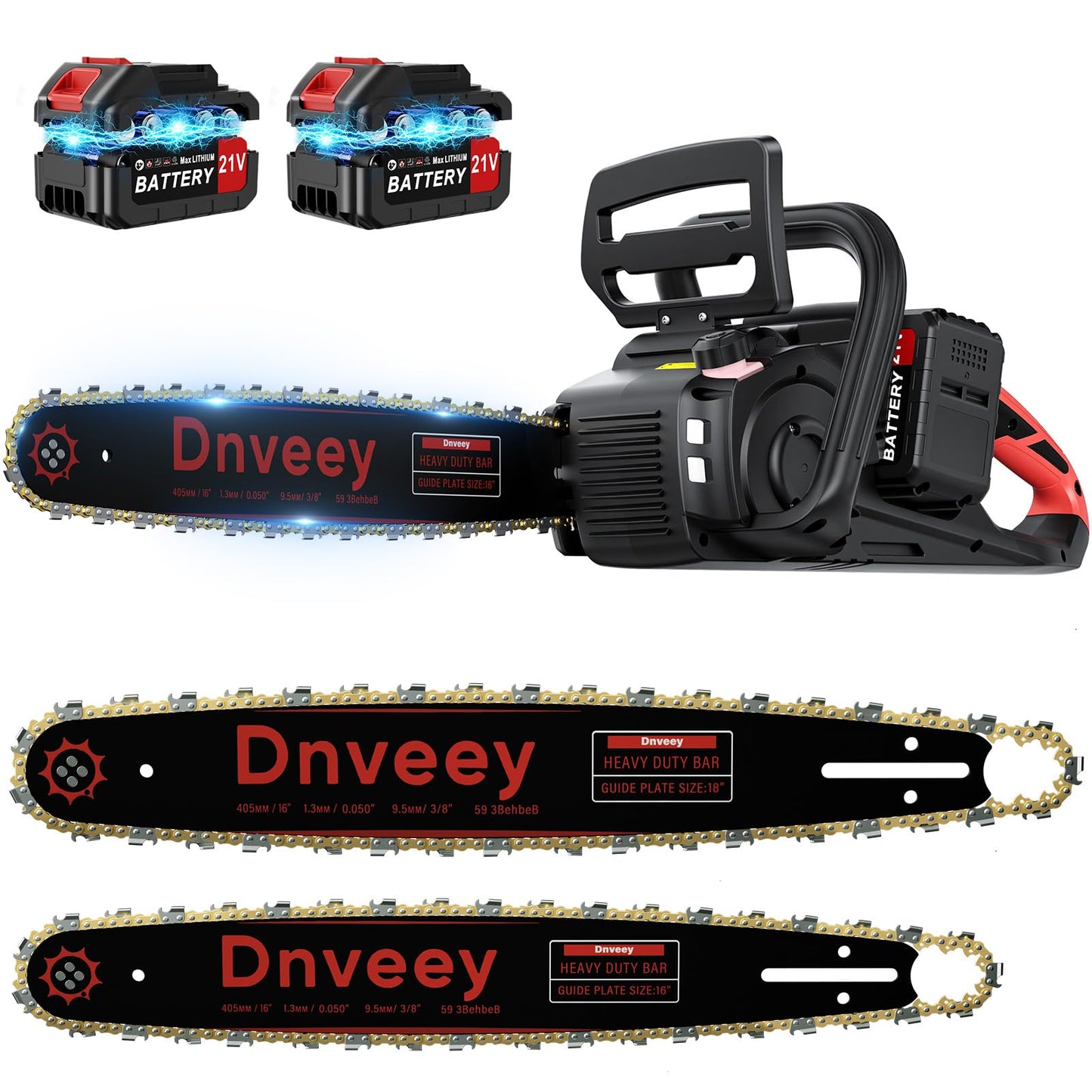 Snoonwee 2100W Battery Powered Chainsaw for Storm Cleanup, 18 and 16-Inch Interchangeable Bars, 42V Max Cordless Electric Chain Saw with Two 4.0Ah Batteries for Backyard Tree Felling (Red Black)