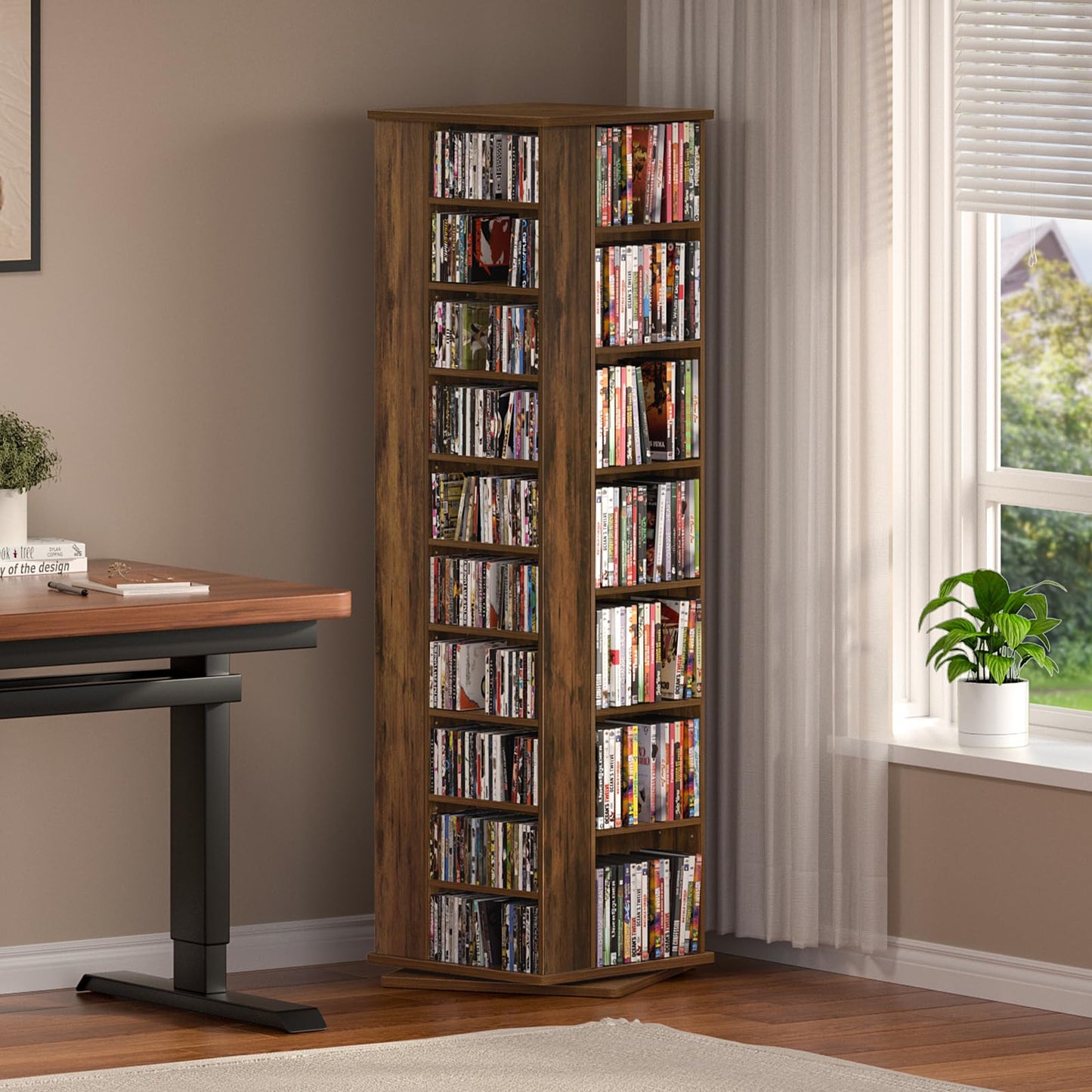 LELELINKY DVD Storage Shelf,Rotating DVD Rack w/Adjustable Shelves, Brown