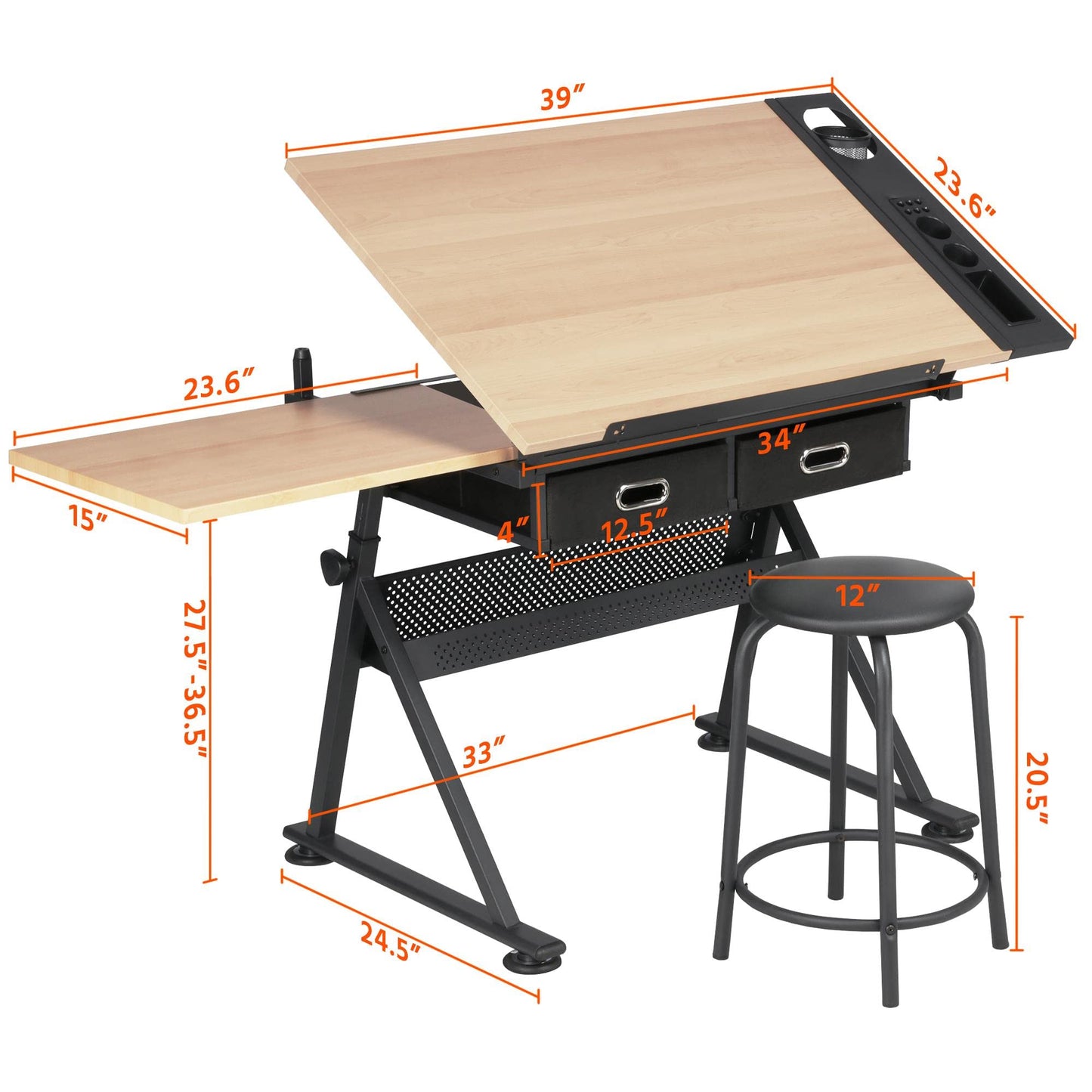Yaheetech Adjustable Drafting Table Art Desk, Storage Drawers & Stool, Wood