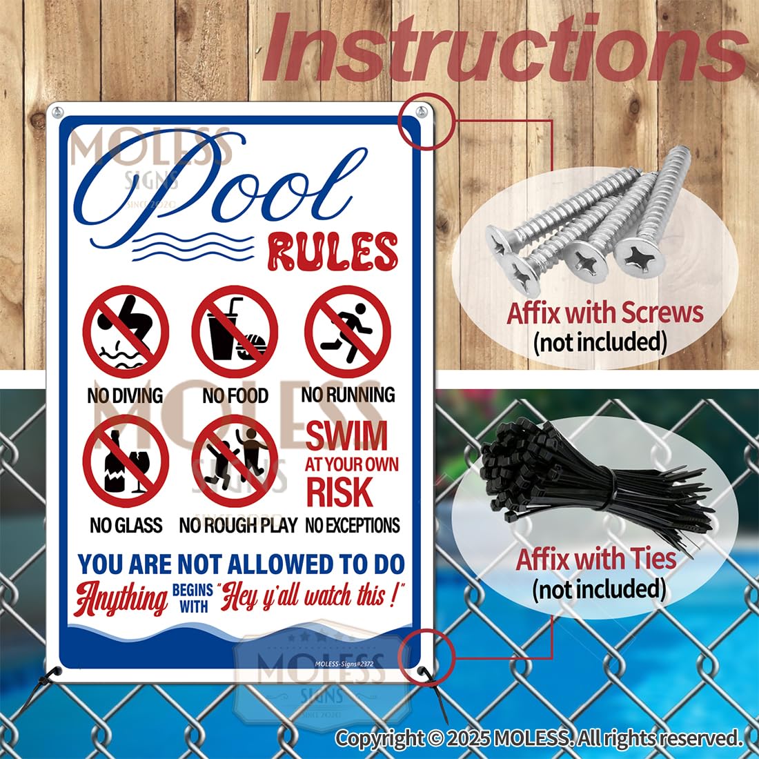 MOLESS 2 Pack Pool Signs – 12x8 Inch Welcome To Our Ool & Funny Pool Rules Sign Safety, Durable 0.040 Aluminum, Easy to Mount, PSP-2401