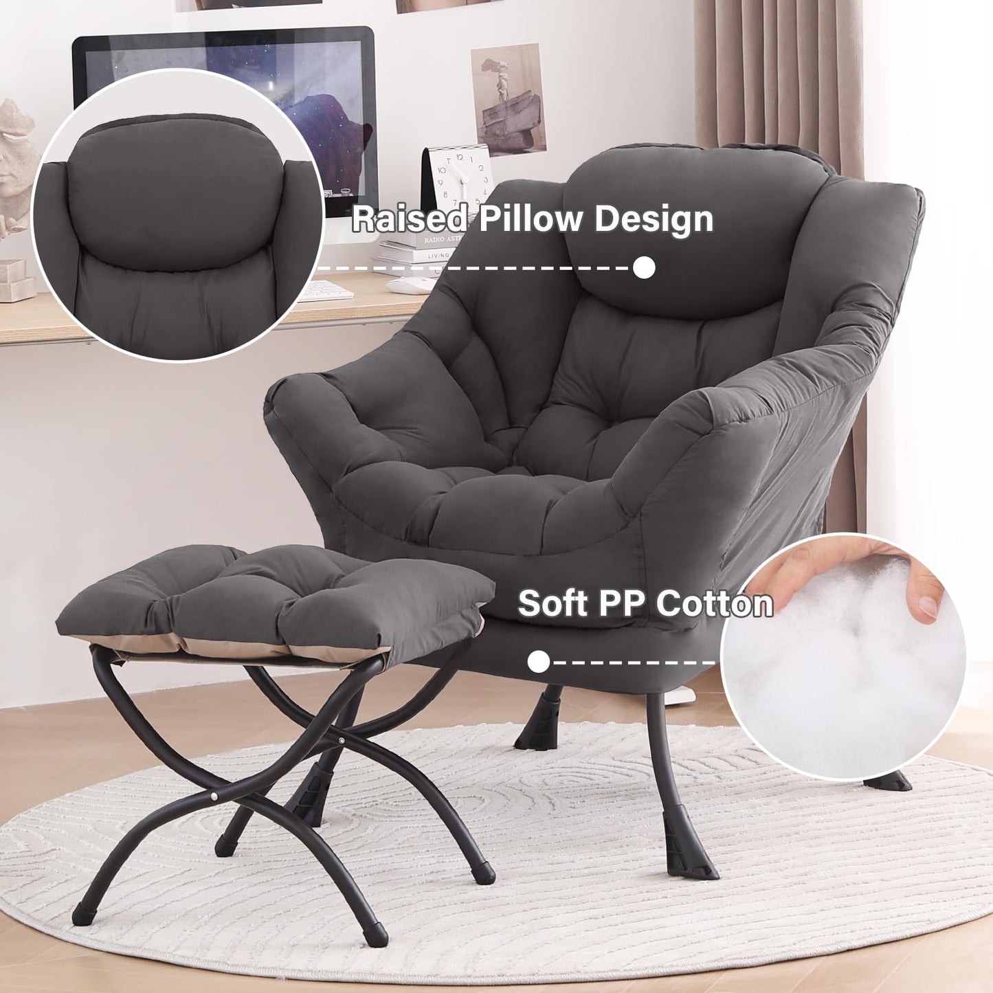 Tiita Modern Large Accent Chair with Ottoman, Comfy Leisure Sofa Armchair with Footrest, Reading Chair for Bedroom, Living Room, Dorm Rooms, Garden Dark Grey