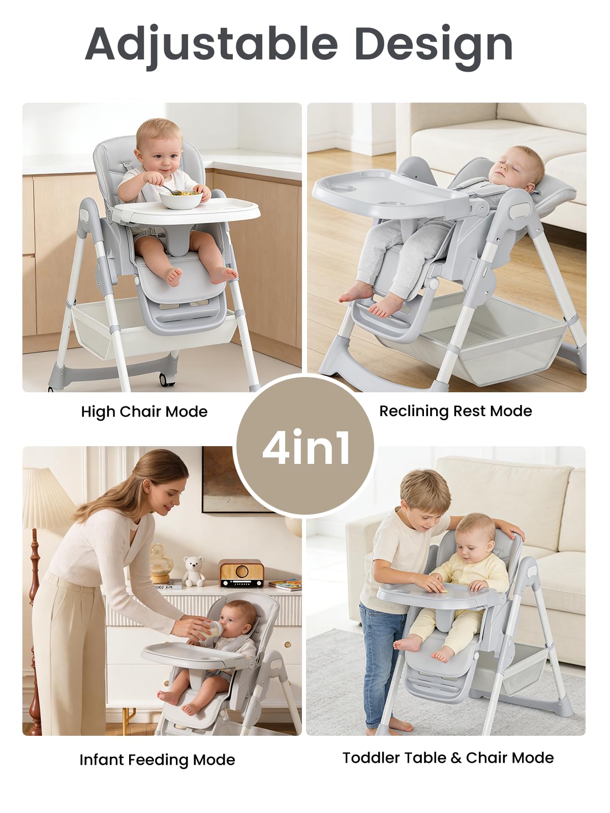 Meetaglow Baby High Chair, Foldable Convertible High Chair for Babies & Toddlers, Adjustable Height & Recline with Removable Double Tray, PU Cushion, Storage Basket, Easy to Clean, Gray