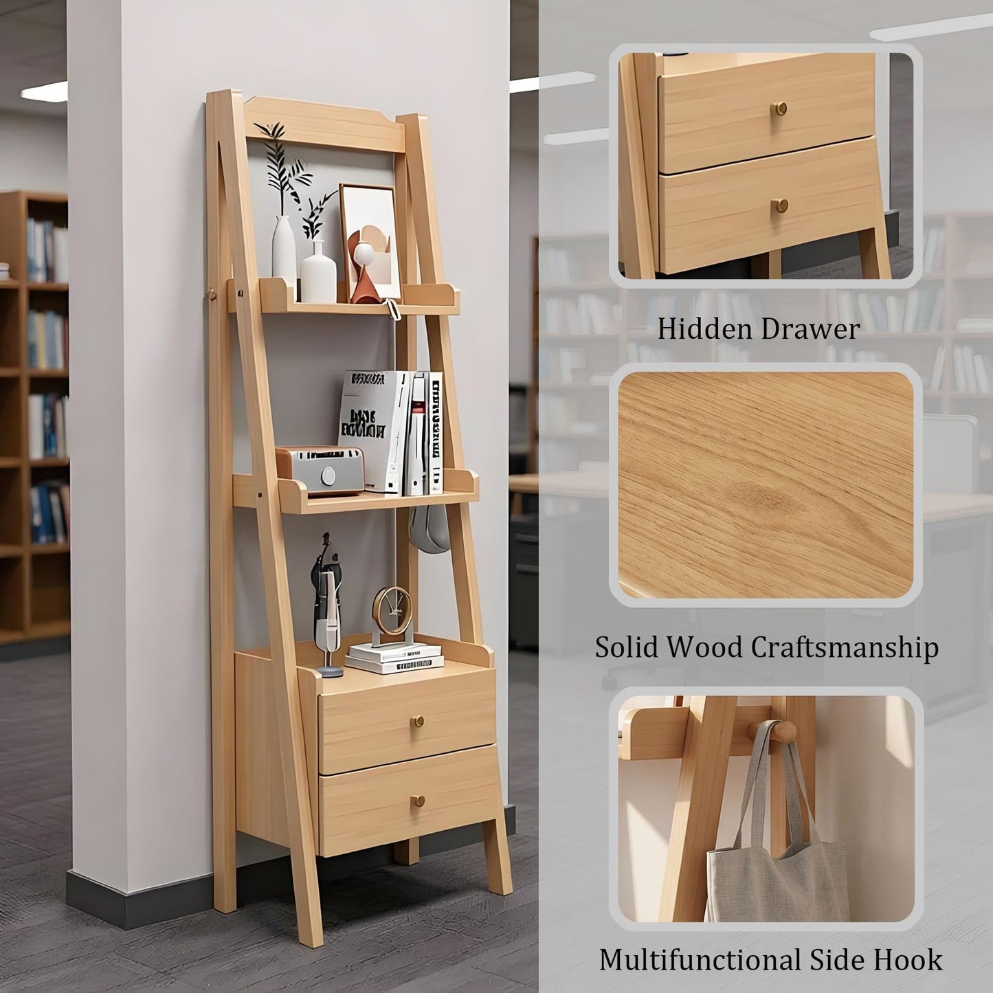 YKHTBDL Solid Ladder Bookshelf with Storage, Modern Wooden Display Shelf, Tall Narrow Plant Stand with Drawers for Living Room, Bedroom & Home Office Black B (23.62''L× 14.17''W×55.11''H)