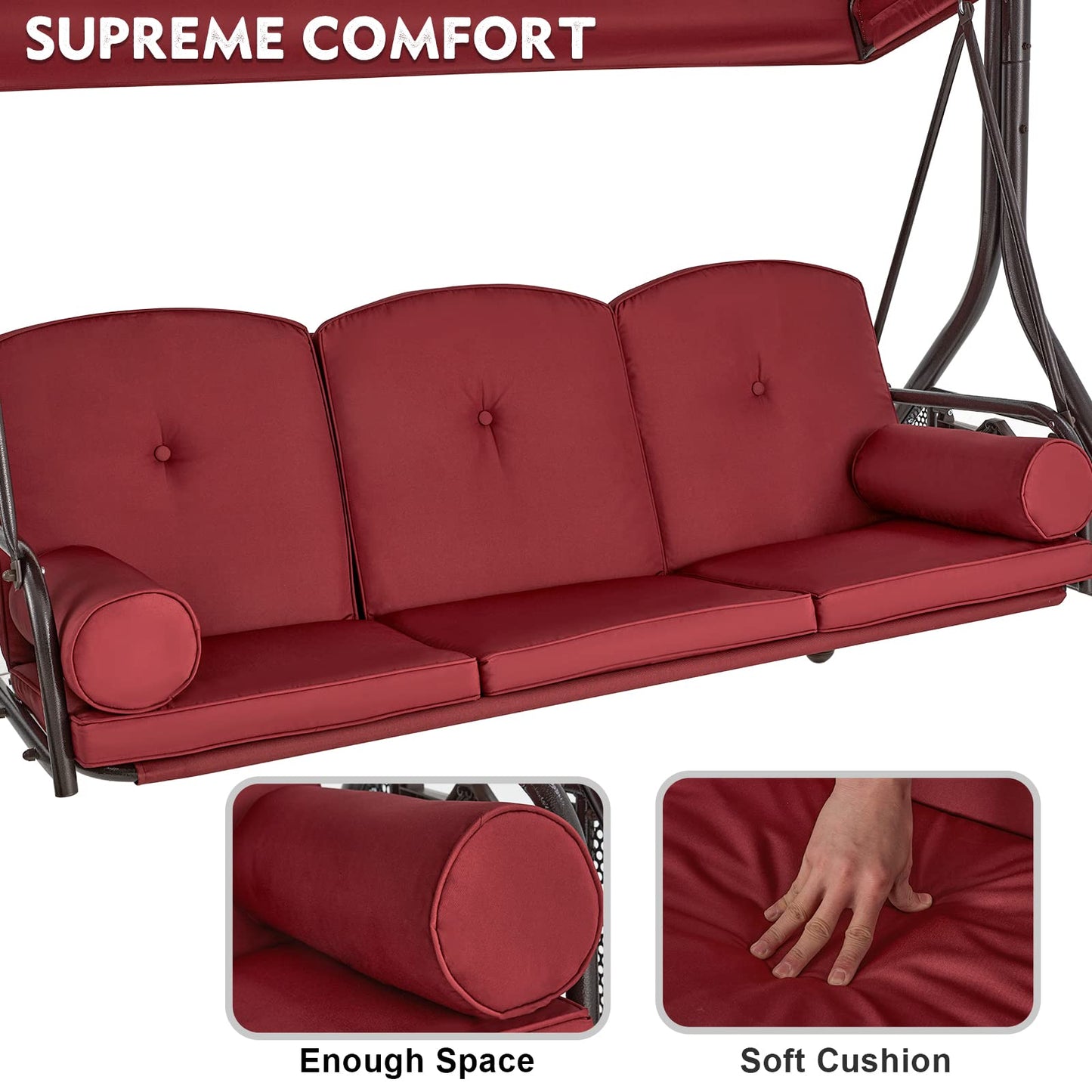HOMREST 3 Seat Outdoor Porch Swing with Adjustable Canopy, Convertible Patio Swing Bed with Stand, Patio Glider Swing with Upgraded Cup Holder, Thicken Cushions ＆ Pillow for Backyard(Wine Red)