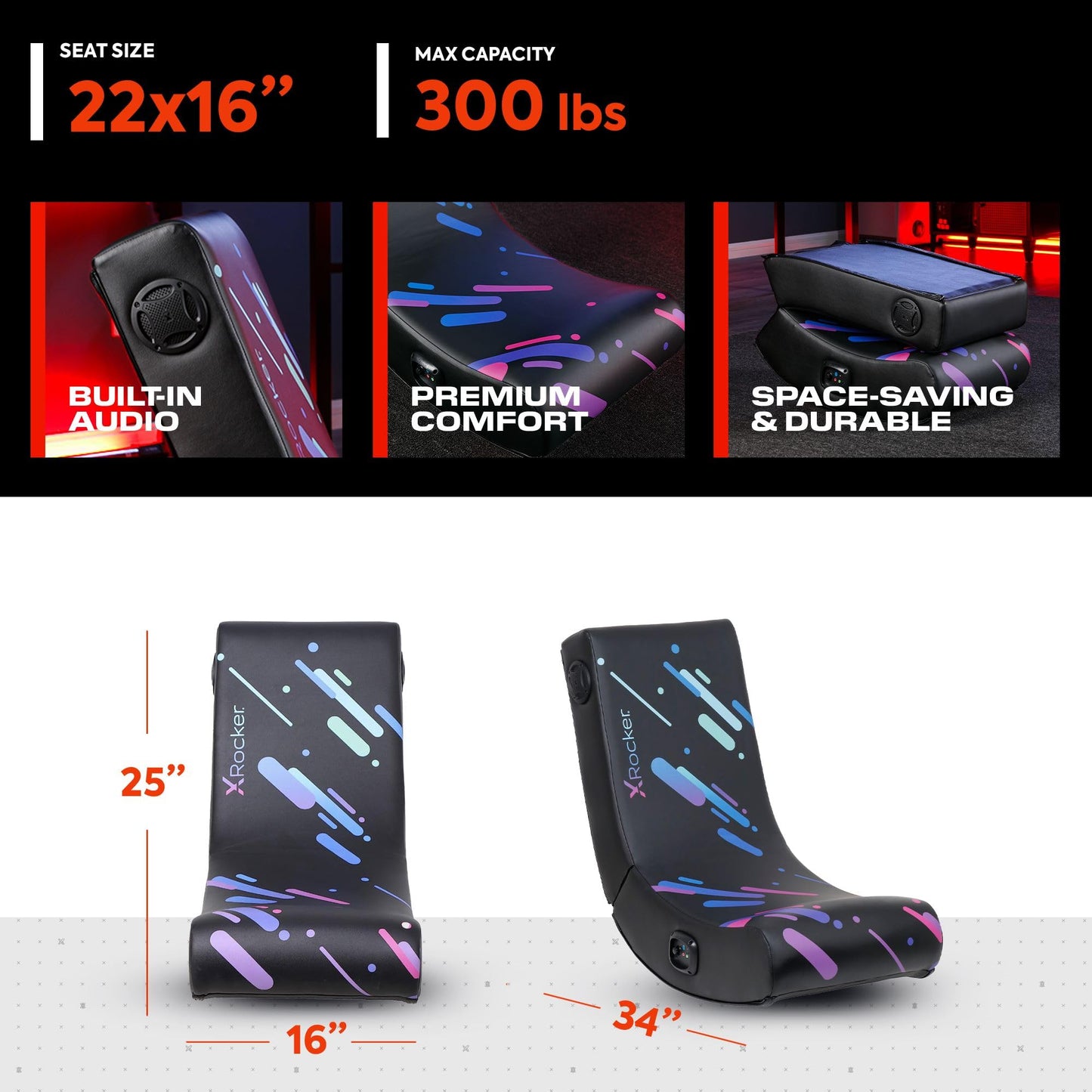 X Rocker Pixel Printed Video Gaming Floor Chair with Headrest Speakers, Wireless Bluetooth, Foldable, Vegan Leather, 300 lbs Max, Amazon Exclusive, Black, Gifts for Gamers