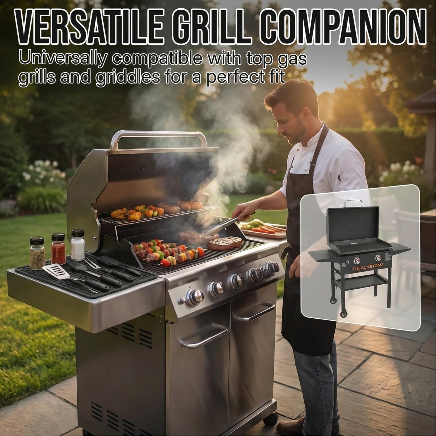 Silicone Grill Tools Mat for Blackstone Weber Traeger Pit Boss Flat Top Grill Smoker,BBQ Accessories Pad Mats for Outdoor Kitchen Counter Cooking, Side Shelf Spatula Mat,Gifts for Men (Black)