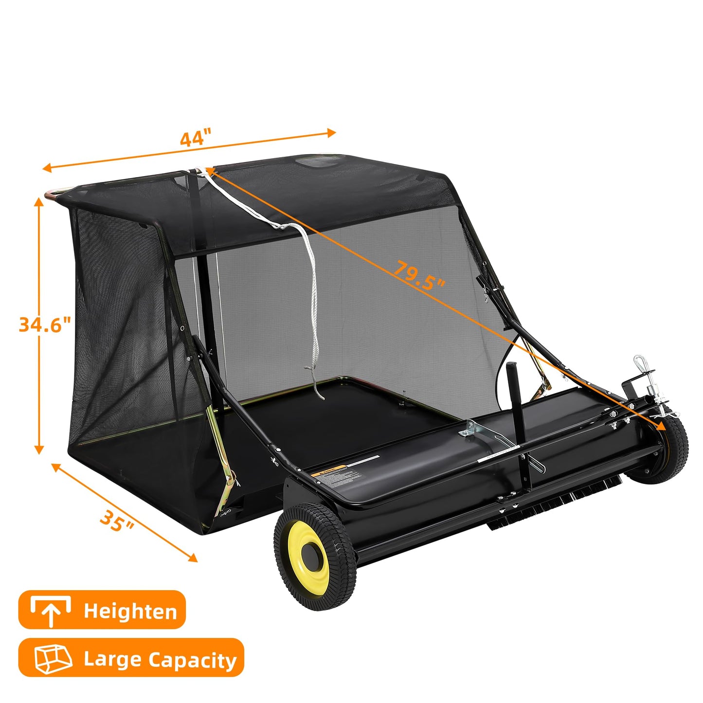44" Pull Behind Lawn Sweeper, Large Capacity 26 Cu. ft. Leaf & Grass Collector with Adjustable Brush Height, Foldable Design, Dumping Rope for Picking Up Grass and Debris