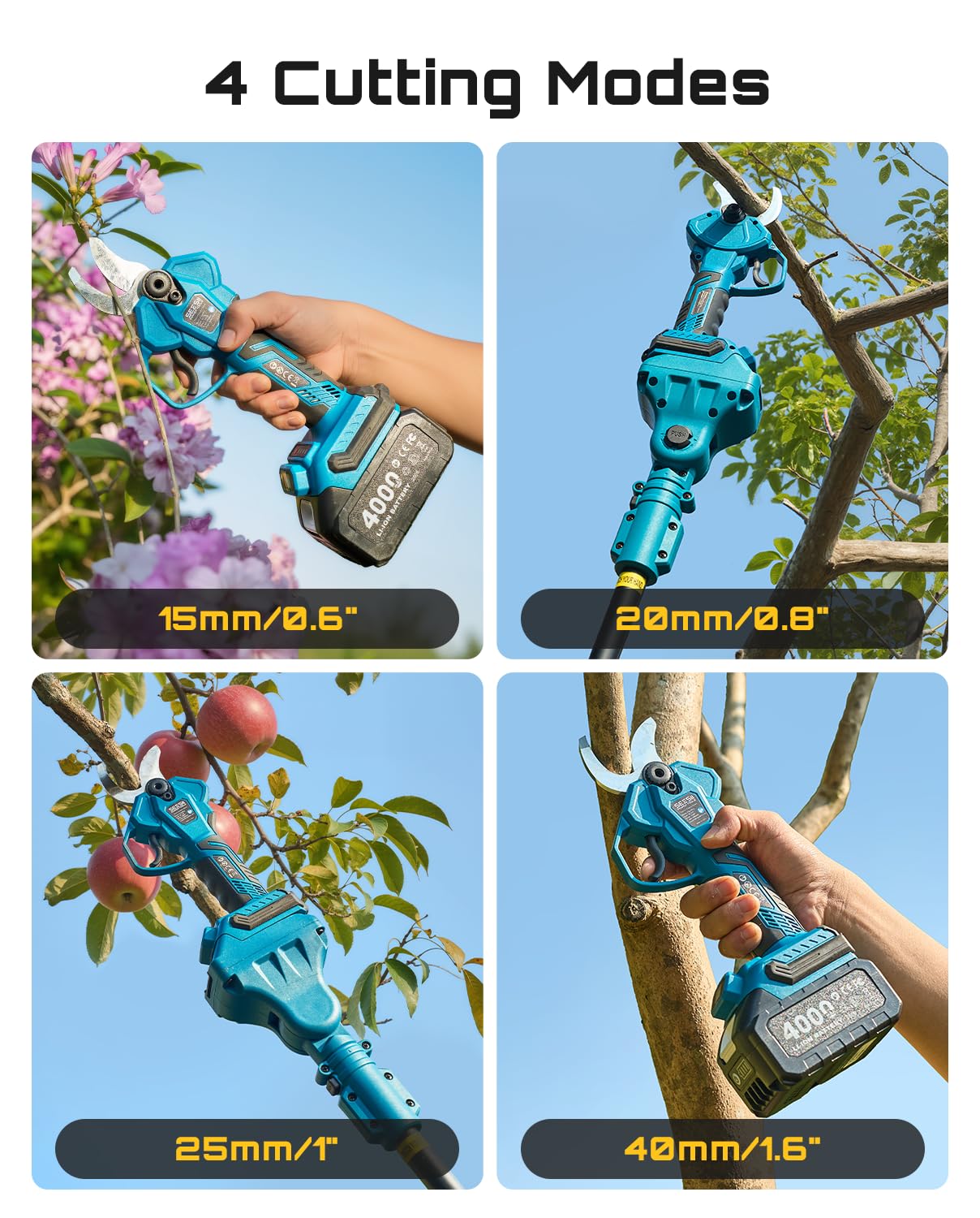 SEESII 2-in-1 Pole Pruning Shears: 1.6" Cutting Diameter Cordless Electric Pole Pruners - Brushless Motor, Dual 4.0Ah Batteries, Extra SK5 Blade, 4 Modes Adjustable Branches Cutter for Tree & Flower