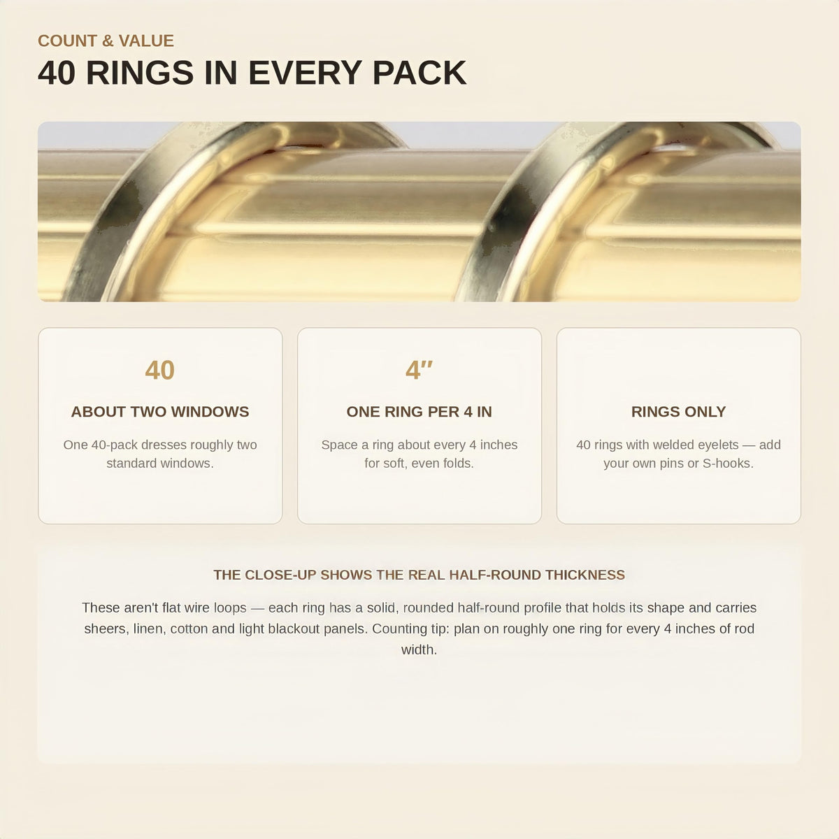 XHLTTBD Polished Gold Metal Curtain Rings with Eyelets, 40 Pack 1.25 Inch Opening Fits 1 to 1.2 Inch Curtain Rods, Closed Iron Drapery Rings for Pinch Pleat Drapes, Rings Only, No Clips or Hooks