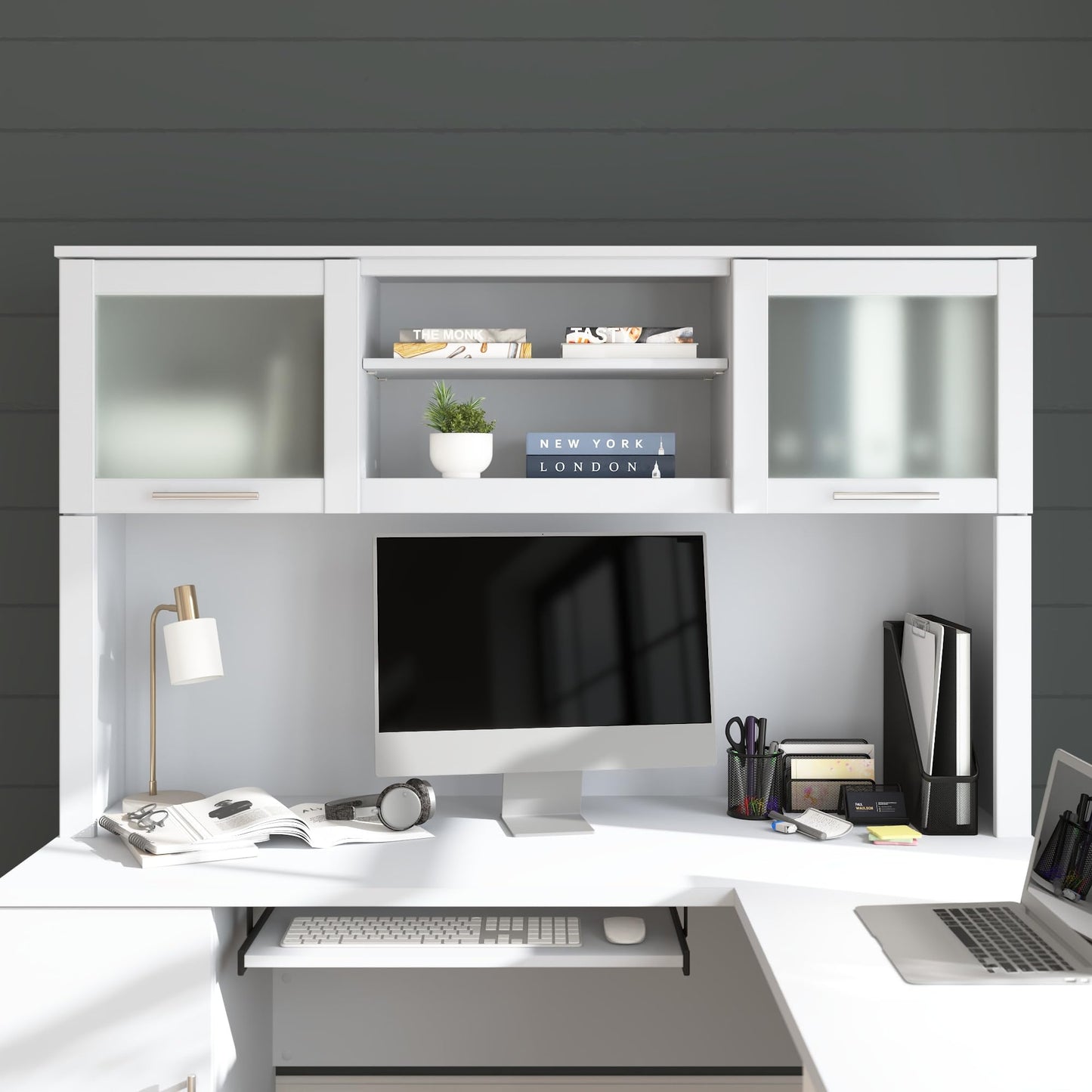 Bush Home 60-Inch Desk Hutch, Office Storage Organizer with Shelves, Cubbies and Frosted Glass Doors for Computer Desk, Home Office Furniture, Somerset Collection, White