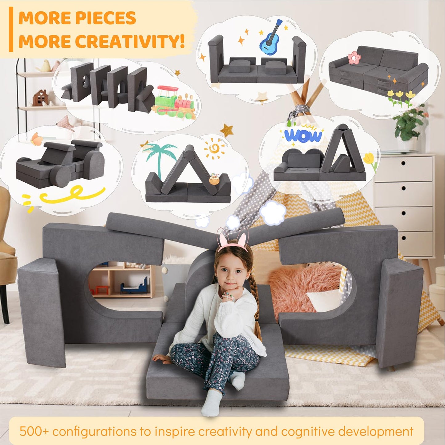Winhomish 12-Piece Modular Kids Play Couch – Premium Soft Foam, Removable Cover, Comfortable & Safe Toddler Couch for Children 1-6 Years, Portable & Easy to Clean, Ideal for Living Room & Playroom