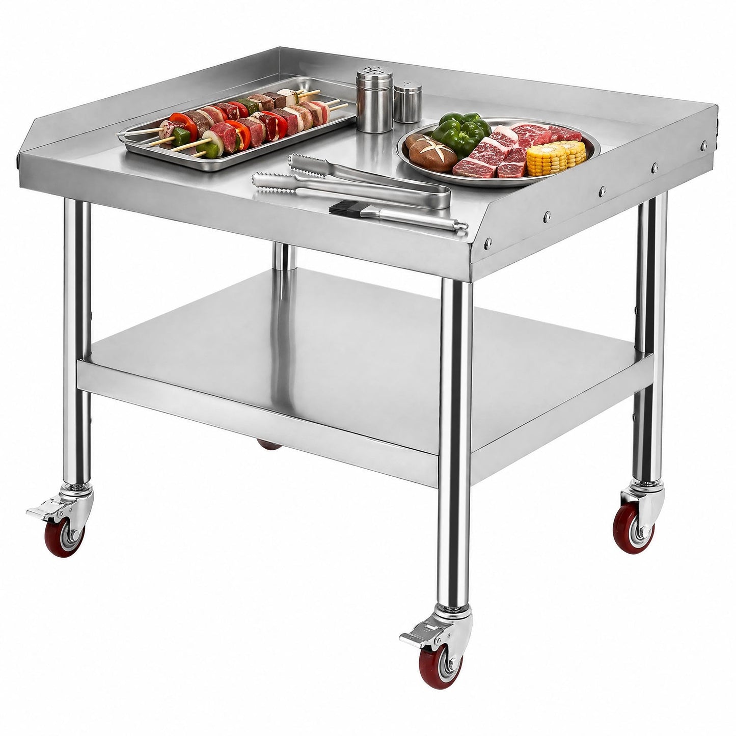 Stainless Steel Equipment Grill Stand Table (24" x 28" x 24") - Heavy Duty Commercial Kitchen Work Table - 1000 Lbs Top Shelf Capacity with 2" Edge Baffle - Adjustable Bottom Shelf & Legs