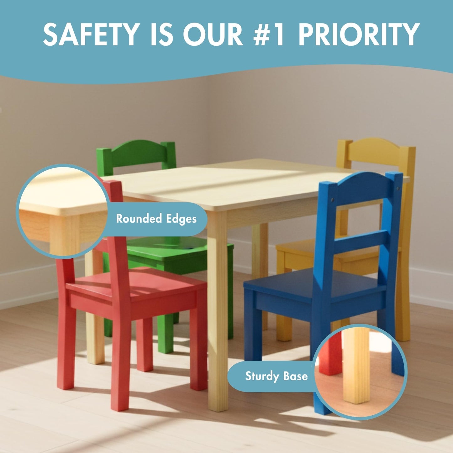 Humble Crew Kids Wooden Table and 4 Chairs Set, Natural/Primary - Kids Table and Chair Set for Toddlers and Children for Arts, Crafts, and Snack Time - Sturdy, Durable Toddler Activity Table