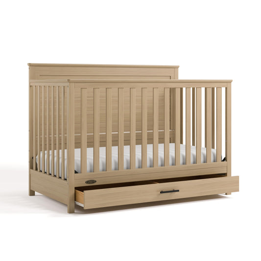 Graco Tristan 5-in-1 Convertible Crib with Drawer (Driftwood) – GREENGUARD Gold Certified, Fits Standard Crib Mattress, Premium Handle, Converts to Toddler Bed, Daybed, and Full-Size Bed
