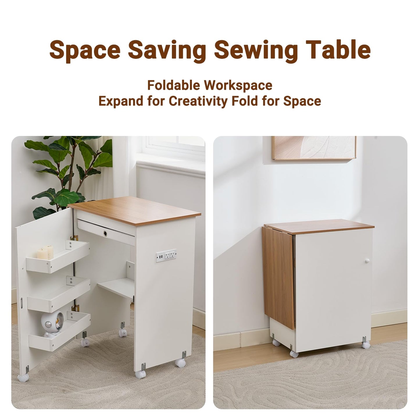 Folding Sewing Table with Charging Station, Rolling Sewing Machine Craft Table with Storage Trays and Shelf, Foldable Sewing Cabinet Desk with Lockable Wheels for Small Spaces (Natural Wood & White)
