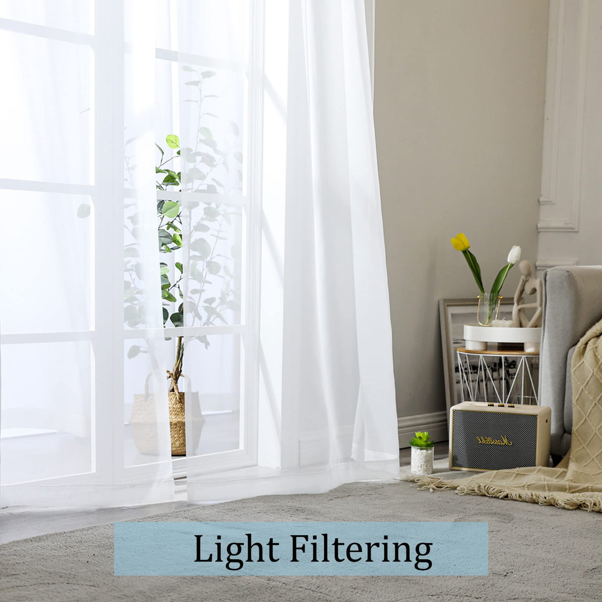 OWENIE White Sheer Curtains 84 inches Long 2 Panels Set for Living Room