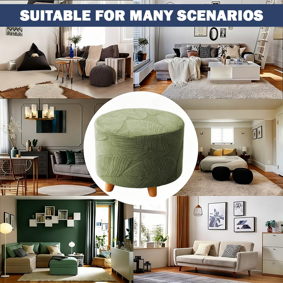 NEUORTBURG Round Ottoman Cover Stretch Round Ottoman Storage Slipcover Leaves Jacquard Folding Footrest Stool Furniture Protector Cover with Elastic Bottom for Living Room Set of 1 Olive Green