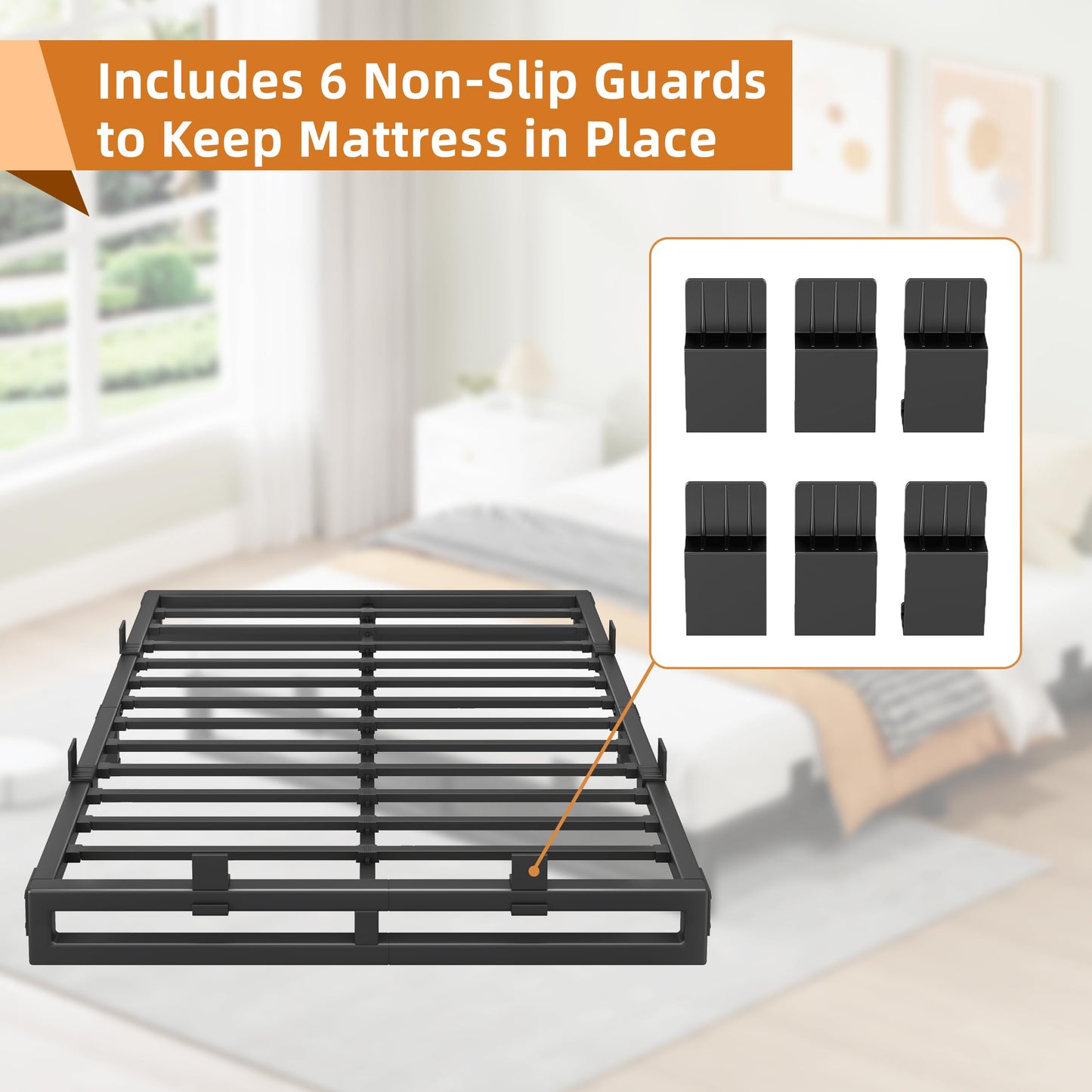 Cresyfu King Size Bed Frame, 6 Inch Metal Platform Bed Frames with Squeak Free U-Slot Design, 6 Non-Slip Guards, 3500lbs Heavy Duty Steel Slat Support, No Box Spring Needed, Under Bed Storage, Black