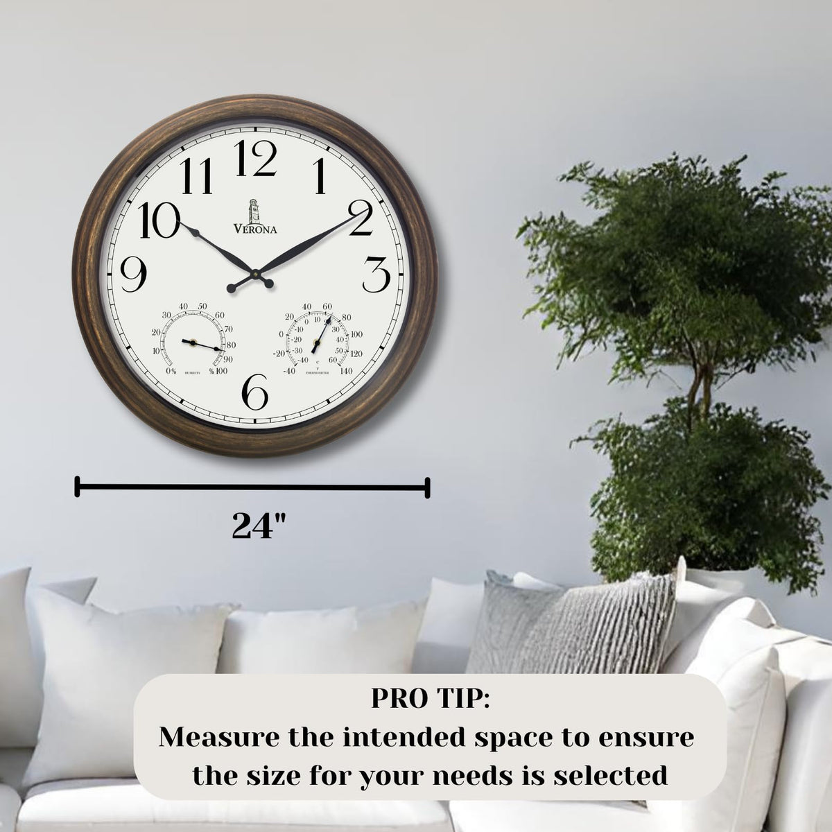 Large Outdoor Patio Clock - Waterproof Thermometer Combo, 24 Inch, Bronze