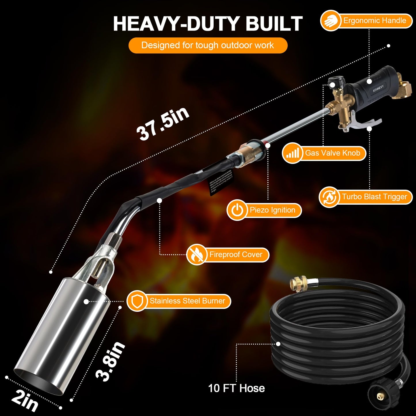 Propane Torch Kit Heavy Duty Weed Burner, 1,800,000 BTU Flame Thrower Gun with Built-in Igniter, with 30" High Flame, 10FT Hose, Detachable Long Reach Torch for Weeds, Ice, Snow, Asphalt