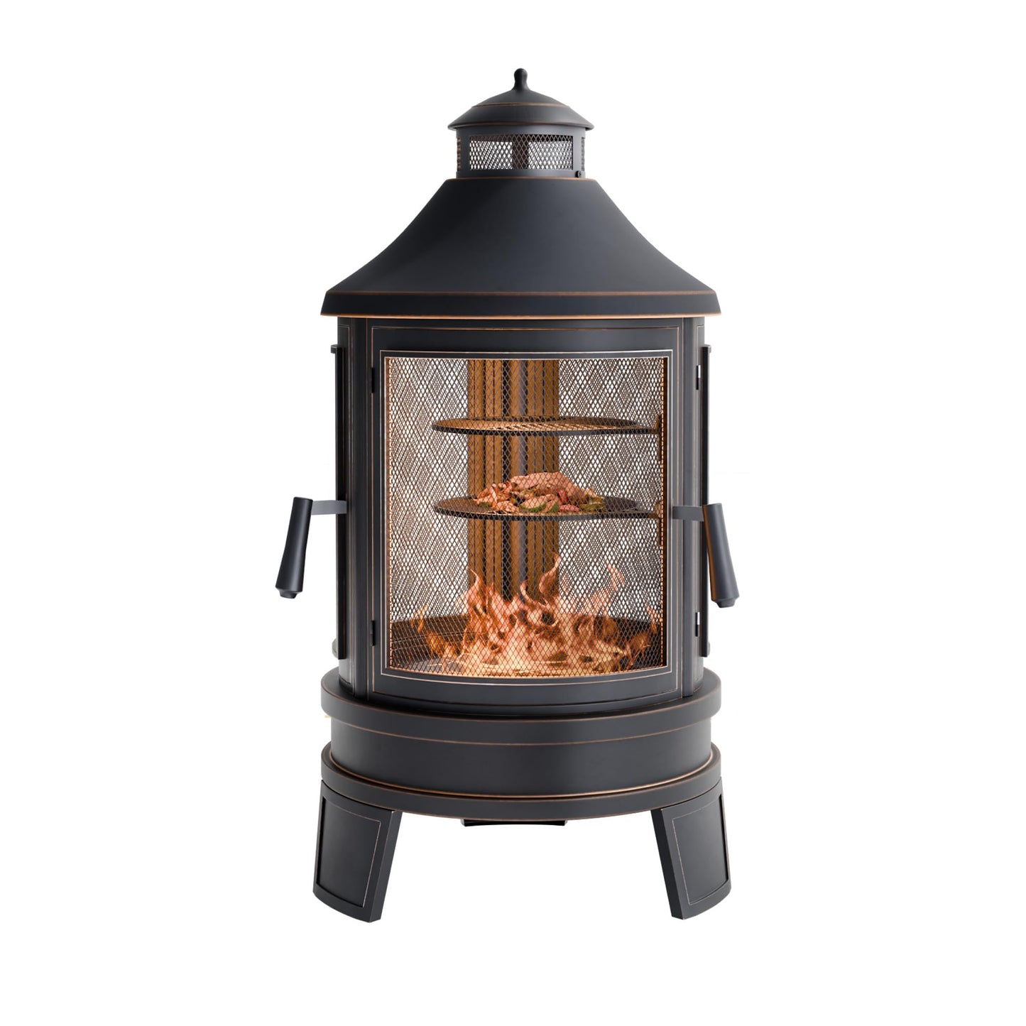 ASJMR Metal Outdoor Fire Pit for Outside Wood Burning，24 Inch Chiminea Outdoor Fireplace with Adjustable Grill Tray, Spark Screen Door & Fire Poker, for Patio, Garden, Backyard