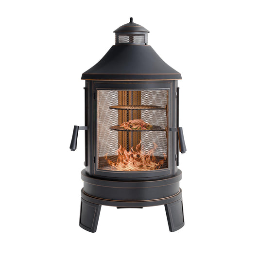 ASJMR Metal Outdoor Fire Pit for Outside Wood Burning，24 Inch Chiminea Outdoor Fireplace with Adjustable Grill Tray, Spark Screen Door & Fire Poker, for Patio, Garden, Backyard