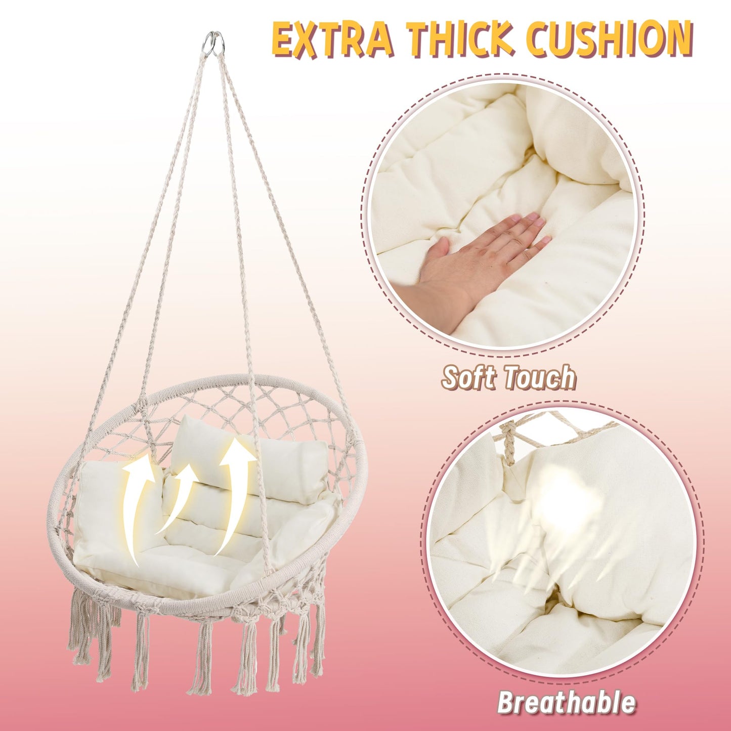 KROFEM Hammock Chair Swing Chair with Boho Medium Cushion, Macrame Hanging Chair for Bedroom, Indoor, Outdoor, Balcony, Porch, Beige