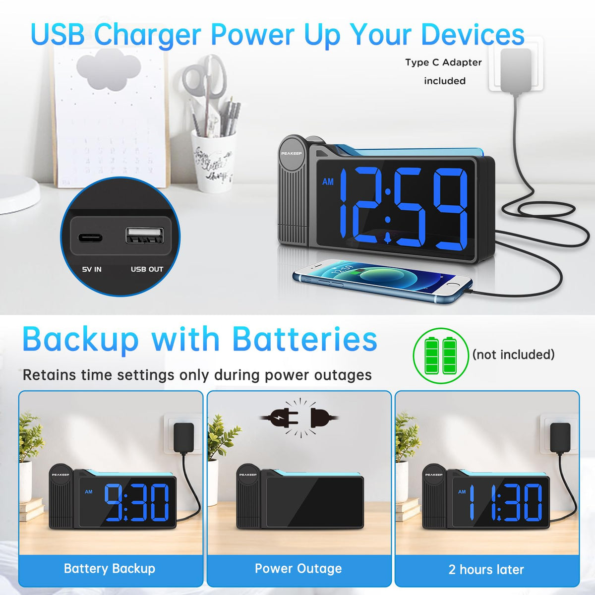 Peakeep Projection Alarm Clock for Bedroom Ceiling with Colorful Nightlight