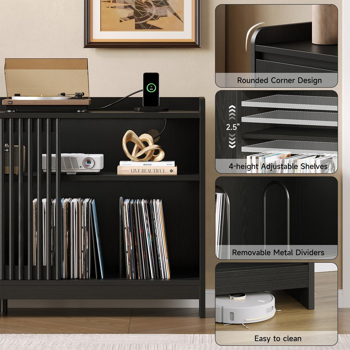 ONBRILL 48" Record Player Stand w/Flip-Out Storage Cabinet, Sliding Door