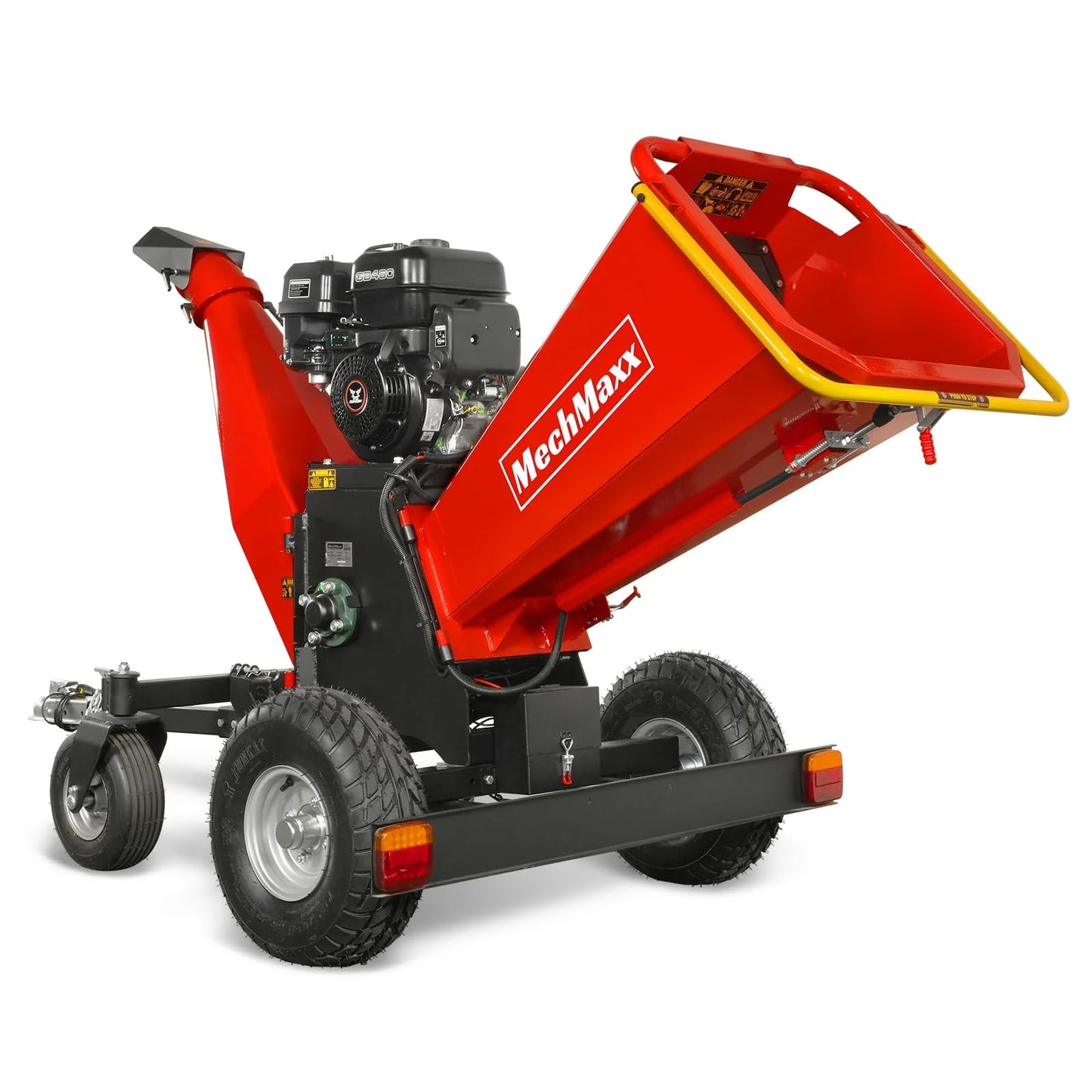 MechMaxx 6 inch ZONSEN 459cc 15hp E-Start Gas Powered 4-Wheels Wood Chipper Shredder Mulcher with Towbar/Tail Light/Emergency Stop Button/Stop Bar, Model B150 Red