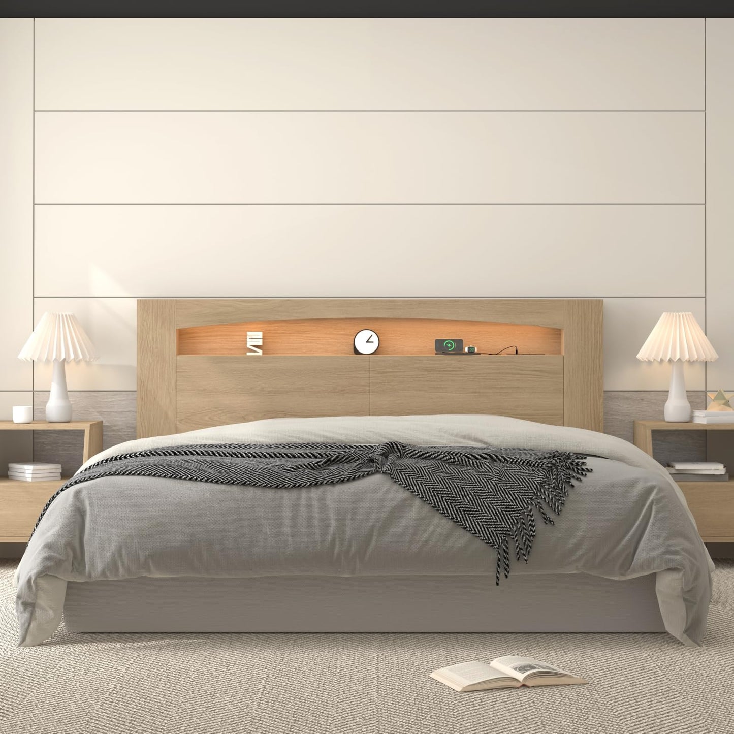 KATYGLORY King Size Headboard Only Modern Sturdy Wooden Bed Backboard Wall Mounted Head Board, 3 Storage Zones, Unique Skirting Groove, High Load Capacity with Solid Wood Leg (Oak, King)