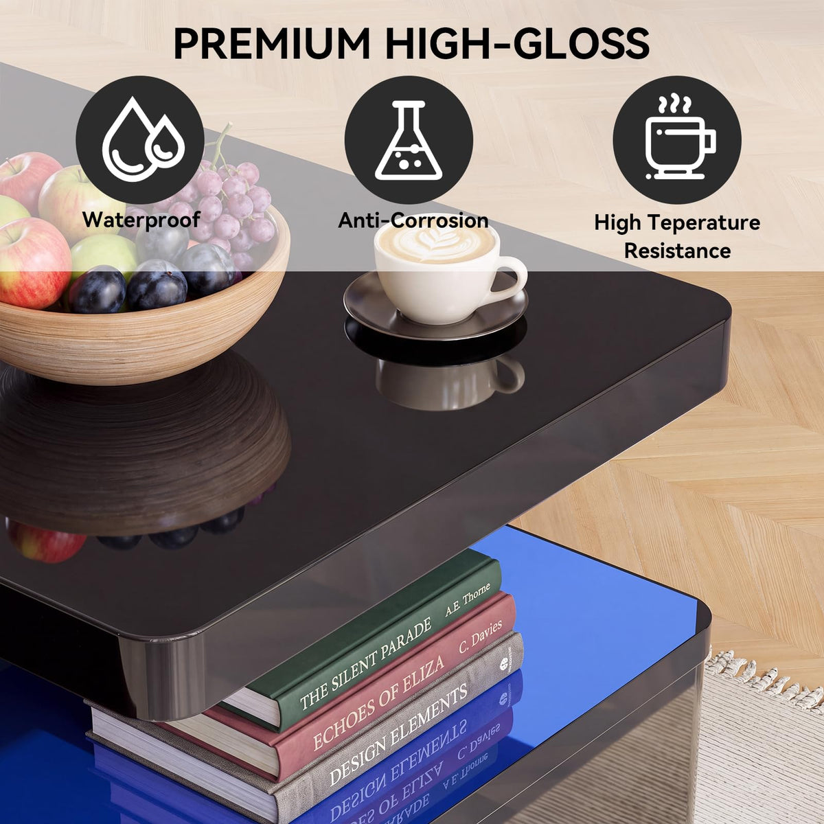 OneBlis 40" LED Coffee Table with 2 Large Drawers, 60,000-Color Lights App Control, Rectangular Center Table, High Glossy Modern Tea Table for Living Room, Black