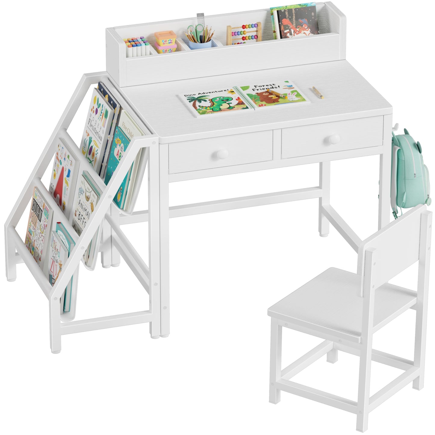 MomZi White Kids Desk and Chair Set for 5-8 Year Old Girls Boys, Small Child Desk with Bookshelf, Children Study Table with Fabric Drawer and Storage