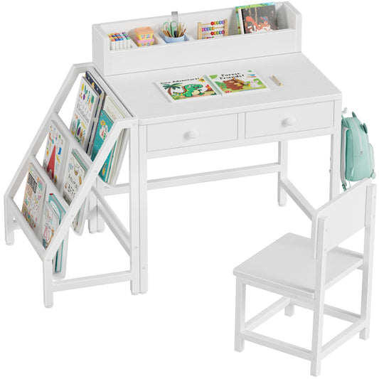 MomZi White Kids Desk and Chair Set for 5-8 Year Old Girls Boys, Small Child Desk with Bookshelf, Children Study Table with Fabric Drawer and Storage