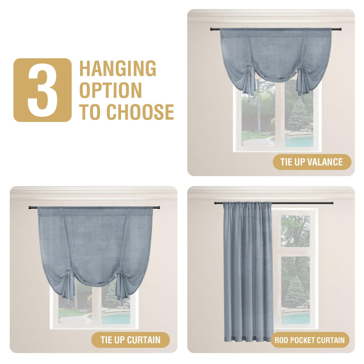 H.VERSAILTEX Tie Up Linen Curtains 63 Inch Length Nature Linen Textured Privacy Curtain Multi Hanging Ways Shade Balloon Window Shade Rod Pocket Casual Curtain - 42x63-2 Panels, Stone Blue