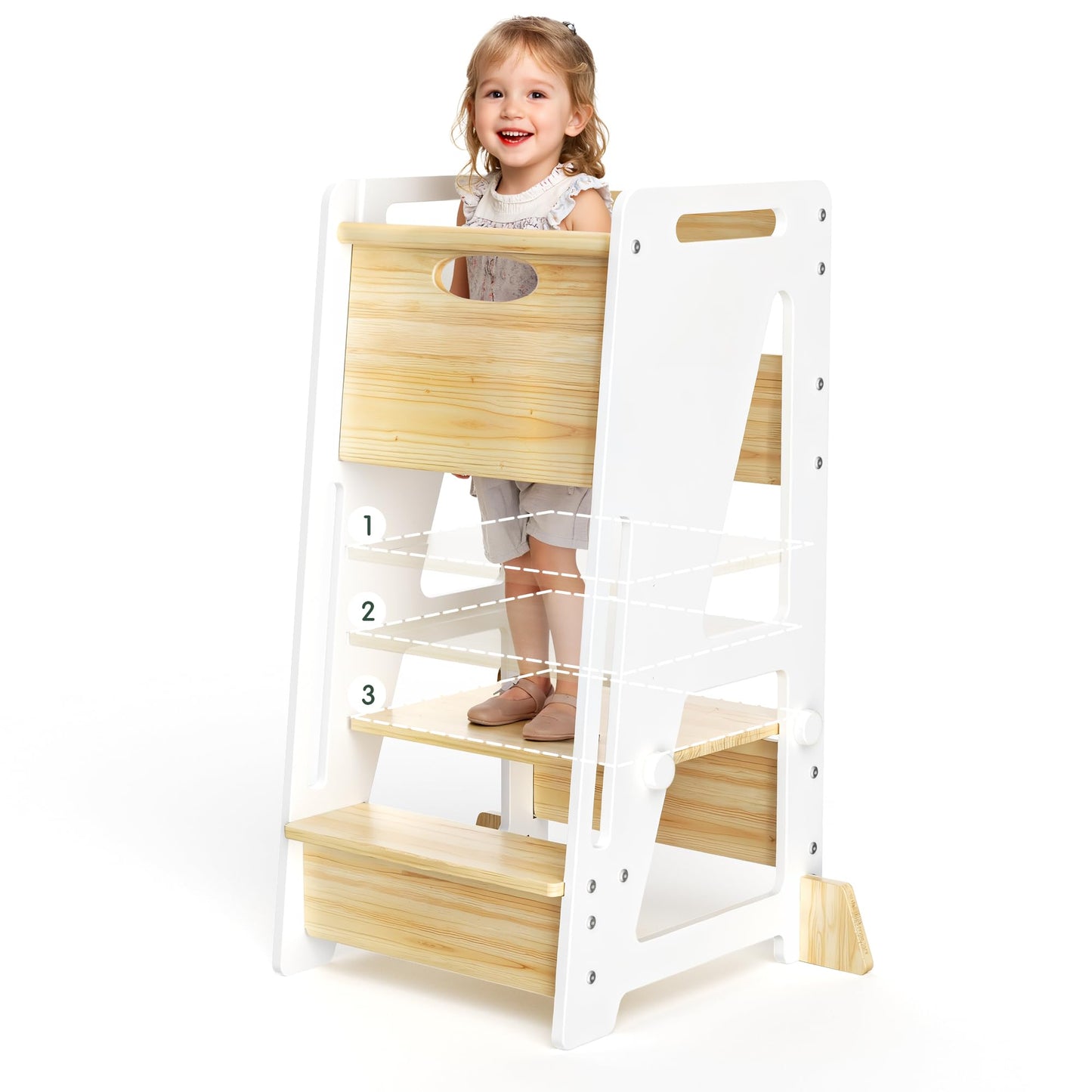 Toddler Standing Stool with Sliding Door for Safe Climbing, 3-Height Adjustable Kitchen Step Stool, Wooden Learning Tower for Kids, Non-Slip Feet