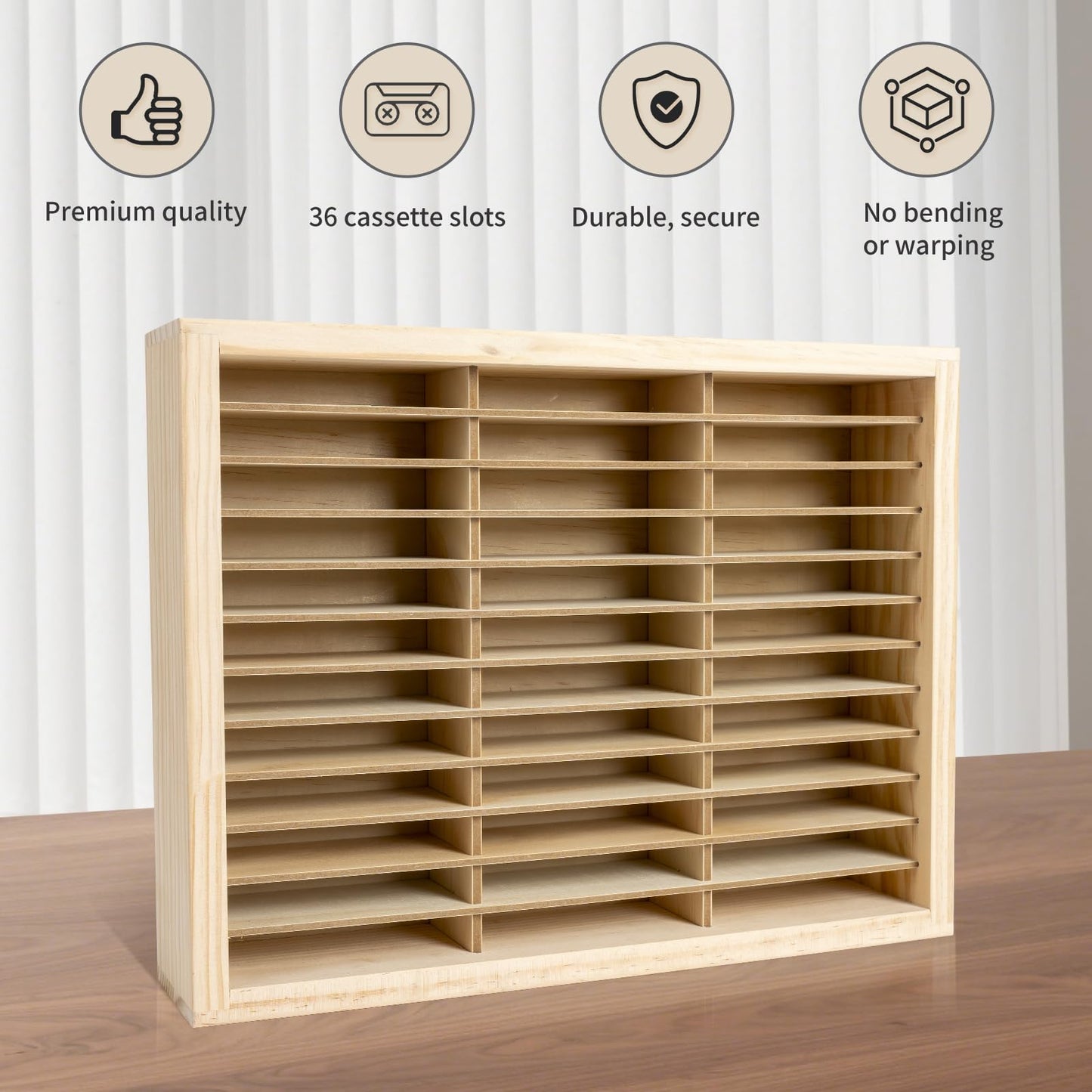 Waratah Designs Cassette Tape Storage Rack, 36-slot Wood Cassette Tape Holder, Wall Mount or Freestanding Audio Cassette Organizer, Playing Card Storage, Unfinished Pine