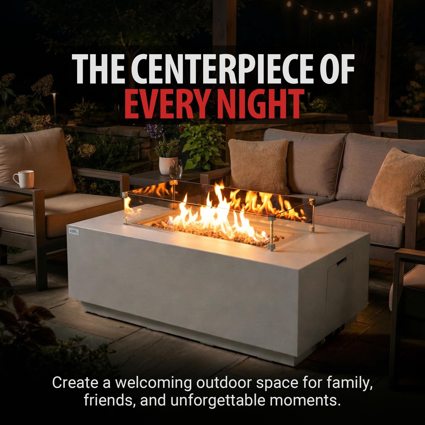 AMS 66" Rectangular Propane Fire Pit Table for Outdoor Patio (Light Gray)