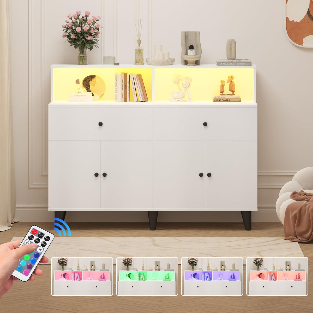 LinimaBela 47" Sideboard Buffet Cabinet with Charging Station & LED Lights