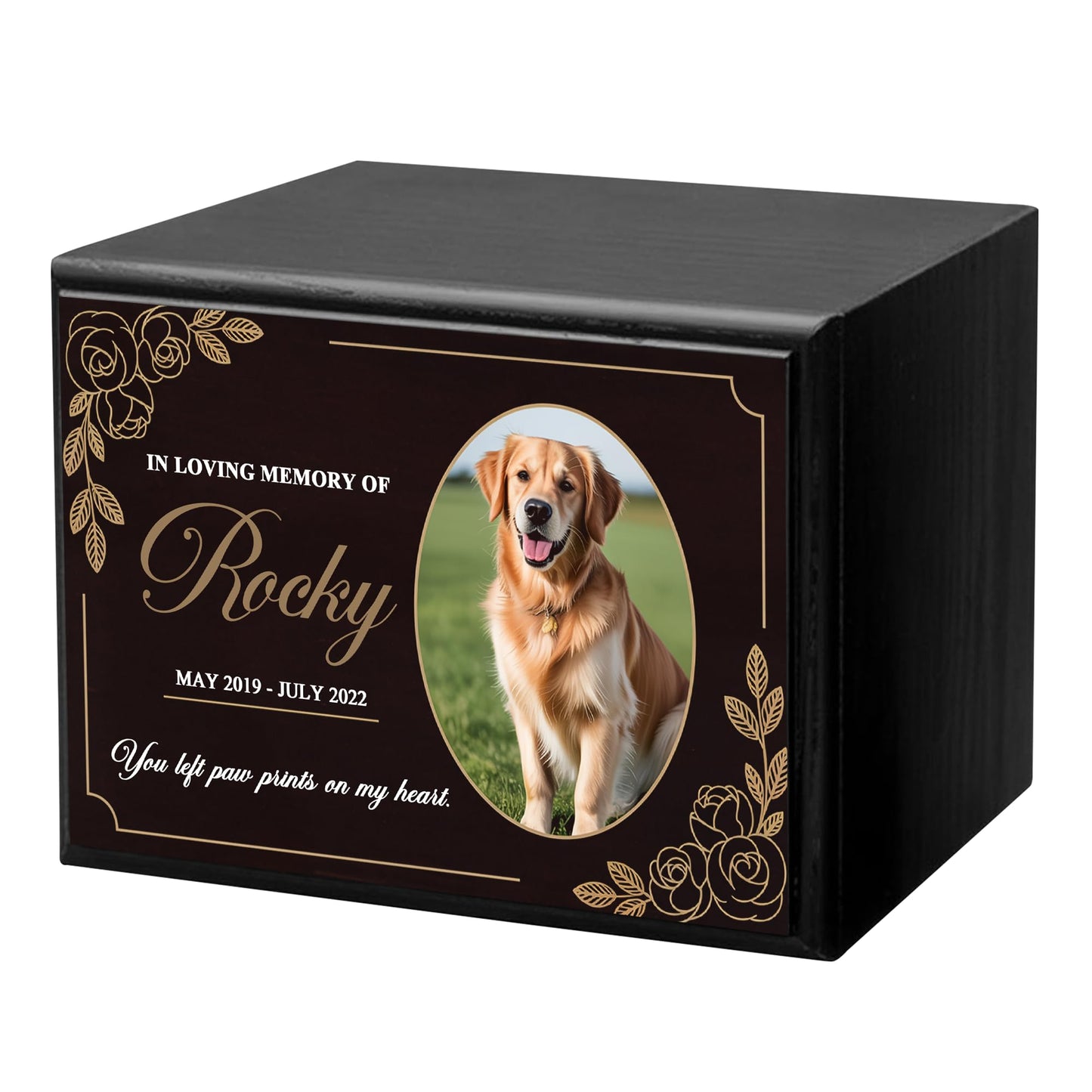 Personalized Wooden Urns for Dog Ashes - Custom Cremation Urn for Dogs up to 170 lbs - Add Your Pet Photo and Text - Custom Burial Memorial Keepsake - Black Design 6