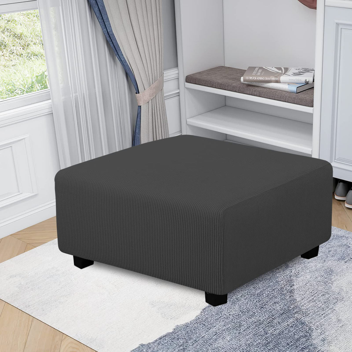 Easy-Going Stretch Square Ottoman Cover 40x40x15 inch Dark Grey