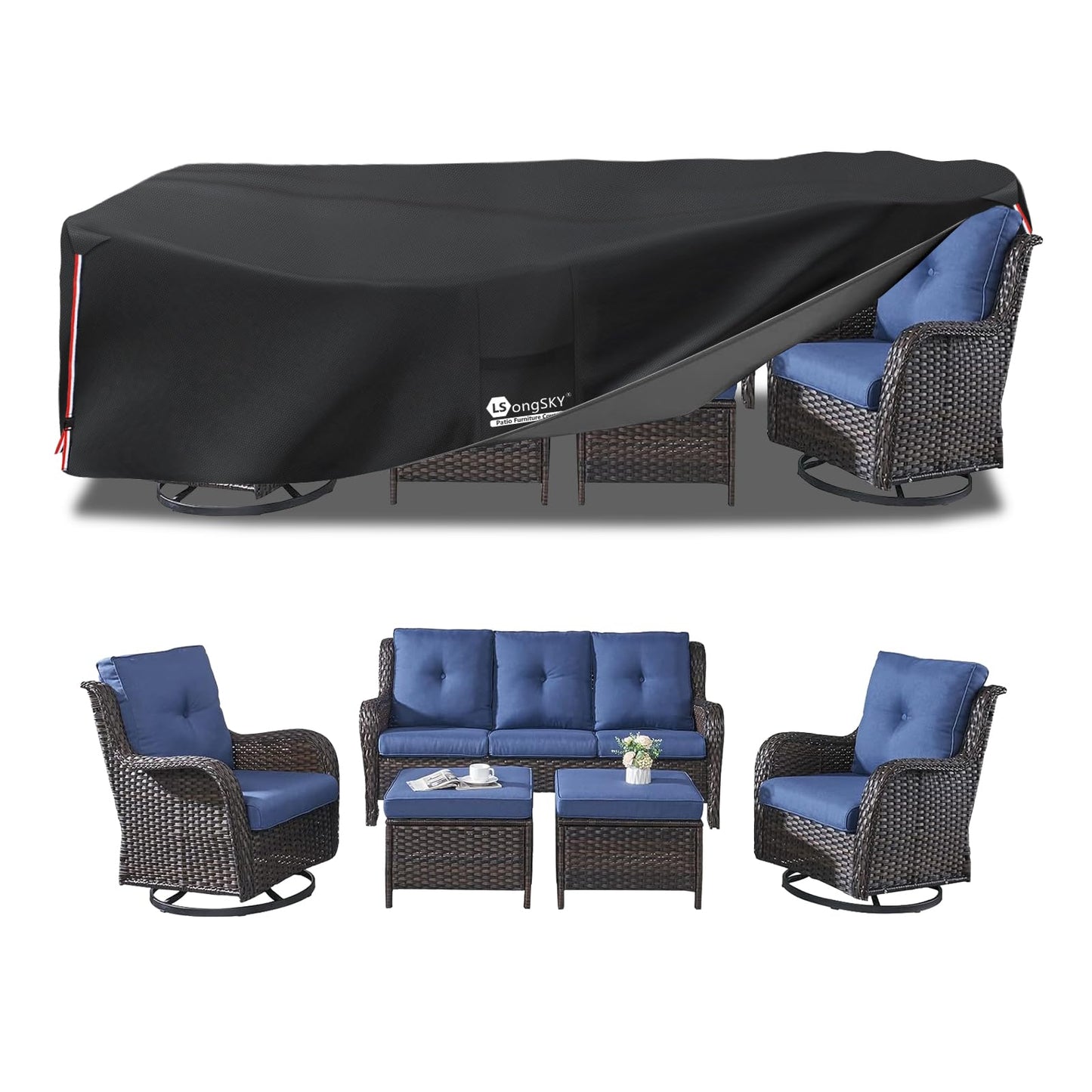 LSongSKY Outdoor Furniture Covers Waterproof,600D Heavy Duty Patio Furniture Covers for 6/7/8 PCS Sets Sectional Sofa Couch Rocking Swivel Chairs Ottomans Coffee Table,111L x 74W x 28H inch Black