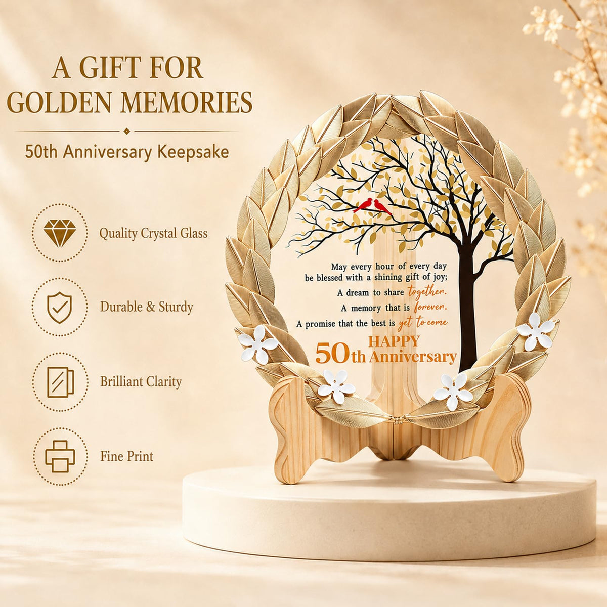 50th Anniversary Wedding Unique Gifts Ideas Crystal Plate with Gold Leaf Wreath - 50th Anniversary Wedding Gifts for Parents Couple - Cardinal Style