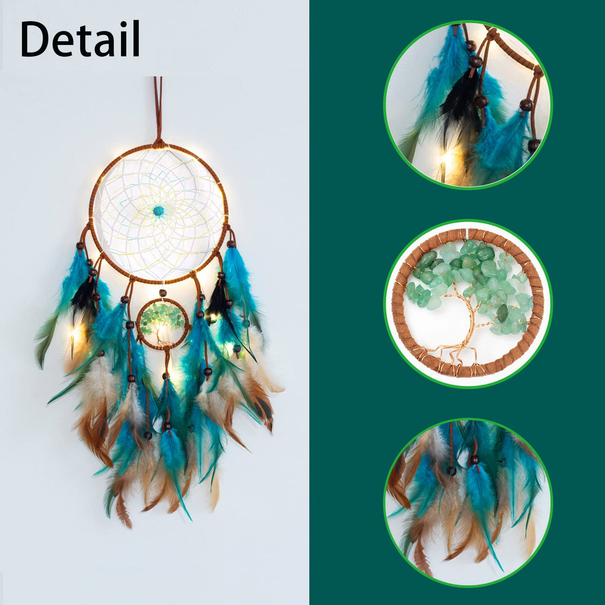 Dream Catcher Tree of Life with Feathers, Mobile LED Fairy Lights
