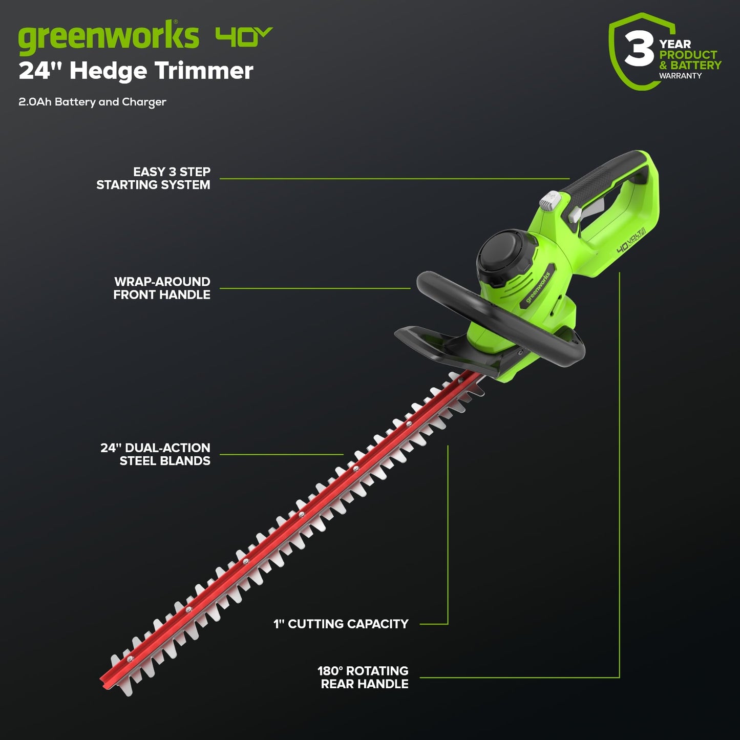 Greenworks 40V 24" Cordless Hedge Trimmer (1" Cutting Capacity), 2.0Ah USB Battery and Charger Included
