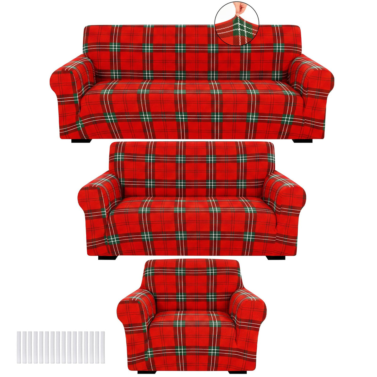 Peryiter 3 Pcs Milk Silk Spandex Couch Cover, Red Green Plaid